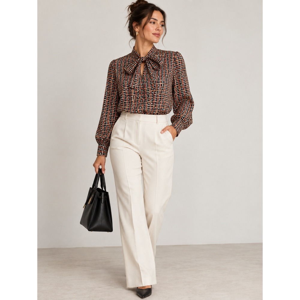J. McLaughlin Geometric Print Tie Neck Blouse S Retro Office Siren Equestrian